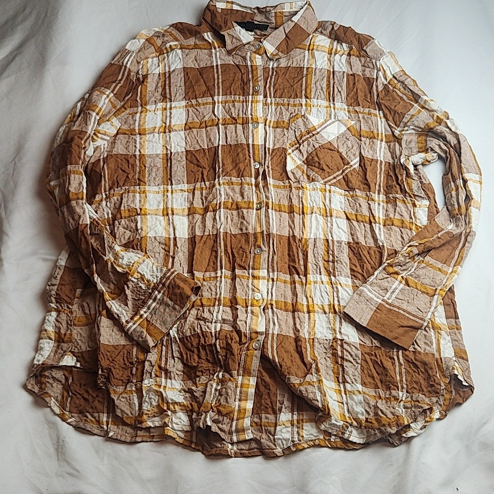 Jane + Delancey Plaid Button-Down Shirt Brown Mustard Women's Size XL